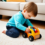A young child, approximately 4 years old, fully clothed in comfortable and modest play attire, intently engaged in imaginative play with a high-quality wooden toy toolkit. The child is "fixing" a toy car on a soft rug in a brightly lit, clean playroom. The wooden tools are smooth, well-crafted, and feature rounded edges, showcasing natural wood tones with non-toxic, water-based painted accents. The scene is bright and cheerful, emphasizing innocence and safe exploration. perfect anatomy, correct proportions, natural pose, well-formed hands, proper finger count, natural body proportions, professional photography, high resolution, safe for work, appropriate content, fully clothed, family-friendly.