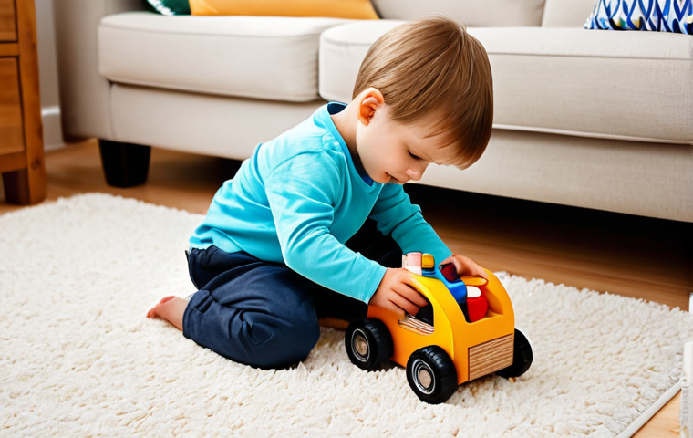 A young child, approximately 4 years old, fully clothed in comfortable and modest play attire, intently engaged in imaginative play with a high-quality wooden toy toolkit. The child is "fixing" a toy car on a soft rug in a brightly lit, clean playroom. The wooden tools are smooth, well-crafted, and feature rounded edges, showcasing natural wood tones with non-toxic, water-based painted accents. The scene is bright and cheerful, emphasizing innocence and safe exploration. perfect anatomy, correct proportions, natural pose, well-formed hands, proper finger count, natural body proportions, professional photography, high resolution, safe for work, appropriate content, fully clothed, family-friendly.