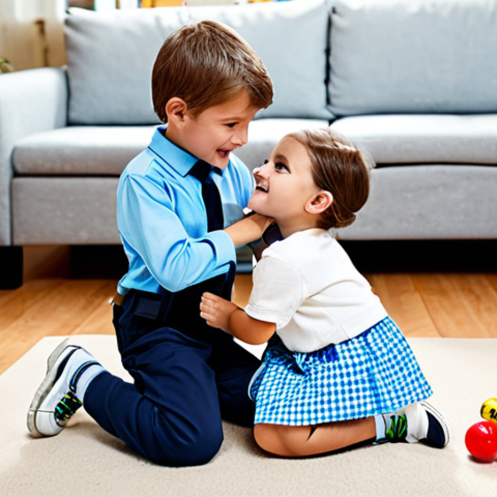 A joyful young boy and girl, aged 6-8, engaged in imaginative role-play with a 'police and investigation' toy set in a bright, inviting living room. The children are fully clothed in comfortable, modest play attire, demonstrating natural poses and perfect anatomy. They are cooperatively examining a toy 'clue' on the floor, their expressions filled with concentration and innocent curiosity, showcasing empathy and understanding of rules. The background is a clean, family-friendly space with a few soft toys. Well-formed hands, proper finger count, and natural body proportions are essential. This image is safe for work, appropriate content, and depicts a family-friendly scene with professional photography and high quality.