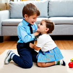 A joyful young boy and girl, aged 6-8, engaged in imaginative role-play with a 'police and investigation' toy set in a bright, inviting living room. The children are fully clothed in comfortable, modest play attire, demonstrating natural poses and perfect anatomy. They are cooperatively examining a toy 'clue' on the floor, their expressions filled with concentration and innocent curiosity, showcasing empathy and understanding of rules. The background is a clean, family-friendly space with a few soft toys. Well-formed hands, proper finger count, and natural body proportions are essential. This image is safe for work, appropriate content, and depicts a family-friendly scene with professional photography and high quality.