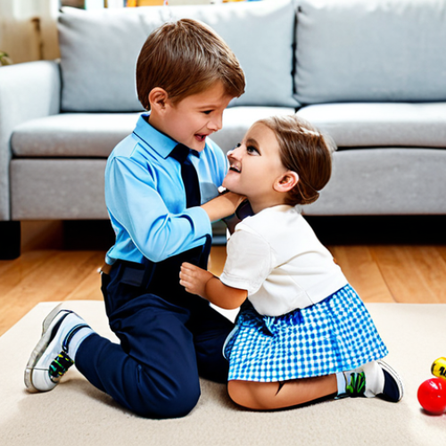 A joyful young boy and girl, aged 6-8, engaged in imaginative role-play with a 'police and investigation' toy set in a bright, inviting living room. The children are fully clothed in comfortable, modest play attire, demonstrating natural poses and perfect anatomy. They are cooperatively examining a toy 'clue' on the floor, their expressions filled with concentration and innocent curiosity, showcasing empathy and understanding of rules. The background is a clean, family-friendly space with a few soft toys. Well-formed hands, proper finger count, and natural body proportions are essential. This image is safe for work, appropriate content, and depicts a family-friendly scene with professional photography and high quality.
