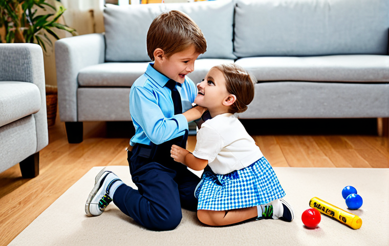 A joyful young boy and girl, aged 6-8, engaged in imaginative role-play with a 'police and investigation' toy set in a bright, inviting living room. The children are fully clothed in comfortable, modest play attire, demonstrating natural poses and perfect anatomy. They are cooperatively examining a toy 'clue' on the floor, their expressions filled with concentration and innocent curiosity, showcasing empathy and understanding of rules. The background is a clean, family-friendly space with a few soft toys. Well-formed hands, proper finger count, and natural body proportions are essential. This image is safe for work, appropriate content, and depicts a family-friendly scene with professional photography and high quality.