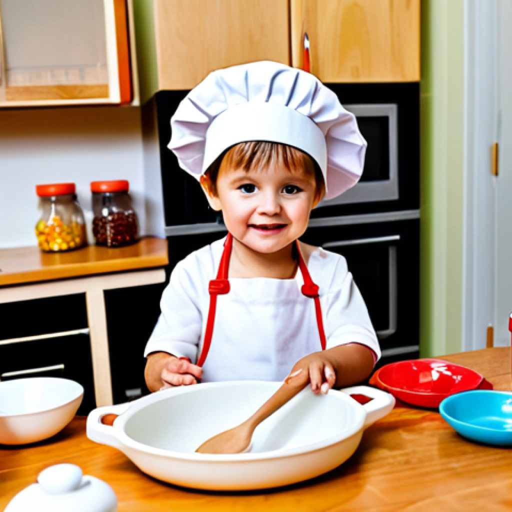 Miniature Kitchen Scene**

A child, approximately 5 years old, is fully clothed and wearing a chef's hat and apron in a brightly lit play kitchen. The kitchen is made of wood and includes toy pots, pans, and play food. The child is pretending to stir ingredients in a bowl with a wooden spoon. Background: A cozy, family-friendly playroom with other toys scattered around. Appropriate attire, safe for work, perfect anatomy, correct proportions, well-formed hands, proper finger count, natural pose, professional, modest, family-friendly, high quality, professional photography.

**