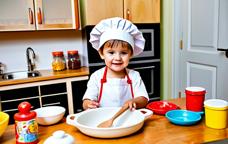 Miniature Kitchen Scene**

A child, approximately 5 years old, is fully clothed and wearing a chef's hat and apron in a brightly lit play kitchen. The kitchen is made of wood and includes toy pots, pans, and play food. The child is pretending to stir ingredients in a bowl with a wooden spoon. Background: A cozy, family-friendly playroom with other toys scattered around. Appropriate attire, safe for work, perfect anatomy, correct proportions, well-formed hands, proper finger count, natural pose, professional, modest, family-friendly, high quality, professional photography.

**