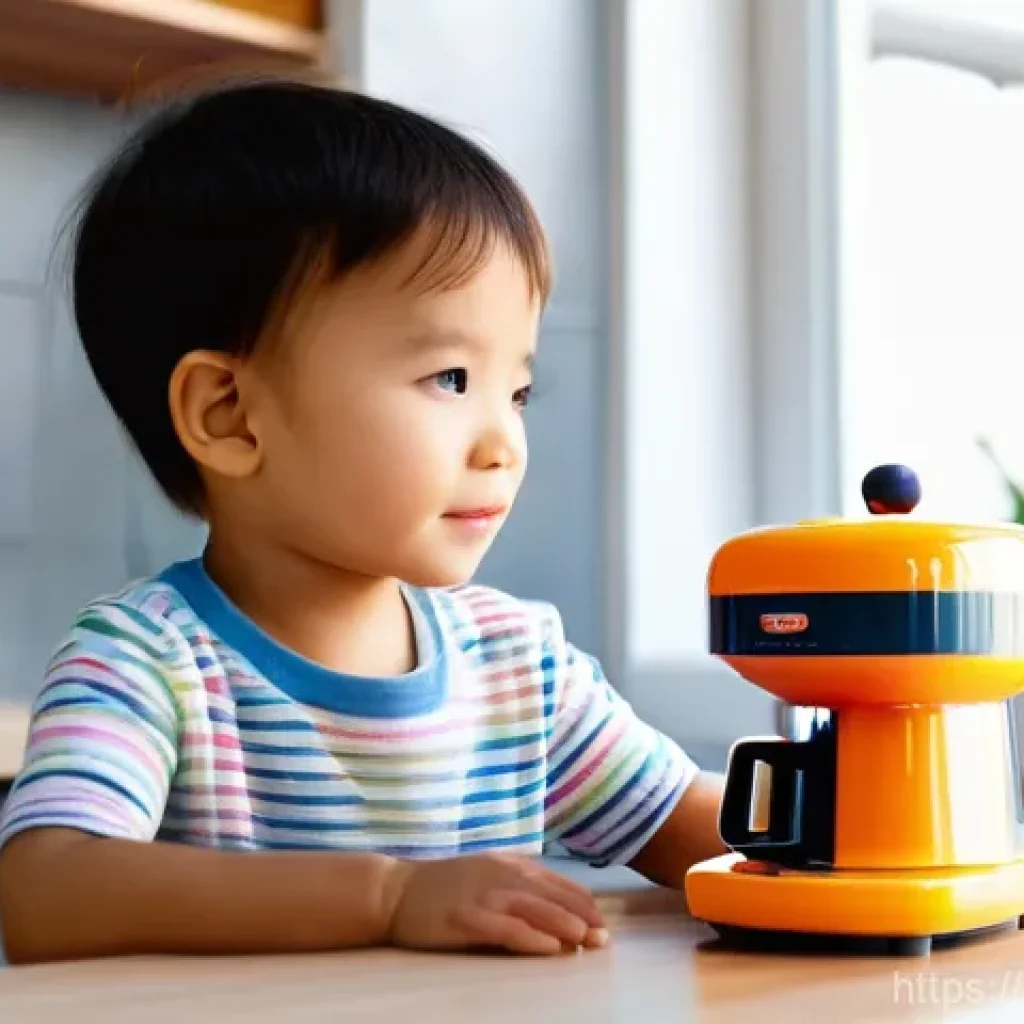 주방놀이 커피머신 포함 제품 - **Prompt:** A heartwarming, brightly lit scene featuring a curious toddler, approximately 2-3 years ...