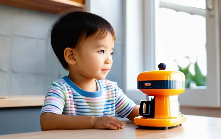 주방놀이 커피머신 포함 제품 - **Prompt:** A heartwarming, brightly lit scene featuring a curious toddler, approximately 2-3 years ...