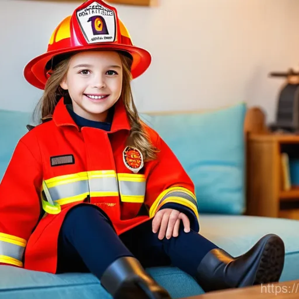 소방관 놀이복 - **Prompt:** A vibrant, eye-level shot of a joyful and determined young girl, approximately 6-7 years...