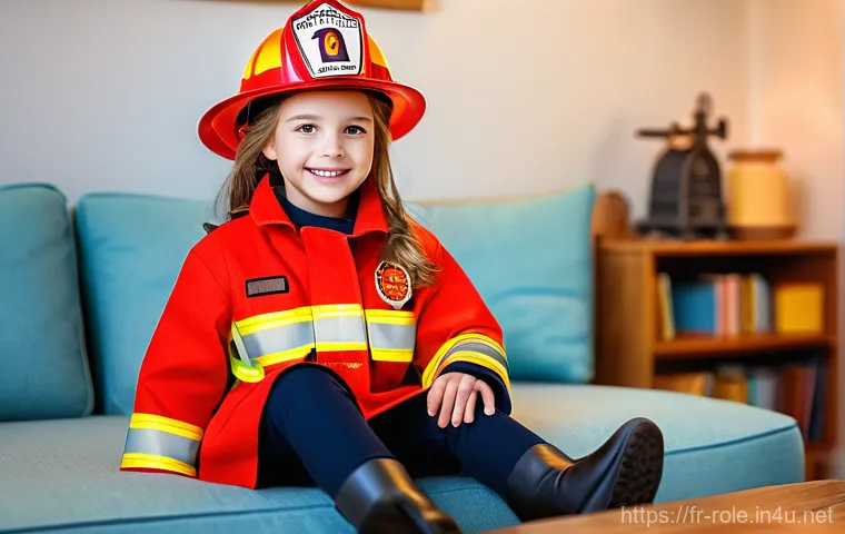 소방관 놀이복 - **Prompt:** A vibrant, eye-level shot of a joyful and determined young girl, approximately 6-7 years...