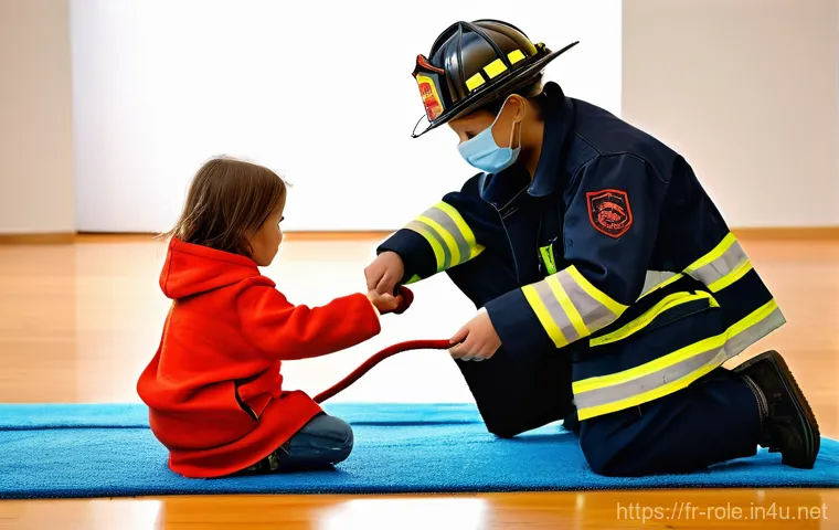 소방관 놀이복 - **Prompt:** A vibrant, eye-level shot of a joyful and determined young girl, approximately 6-7 years...