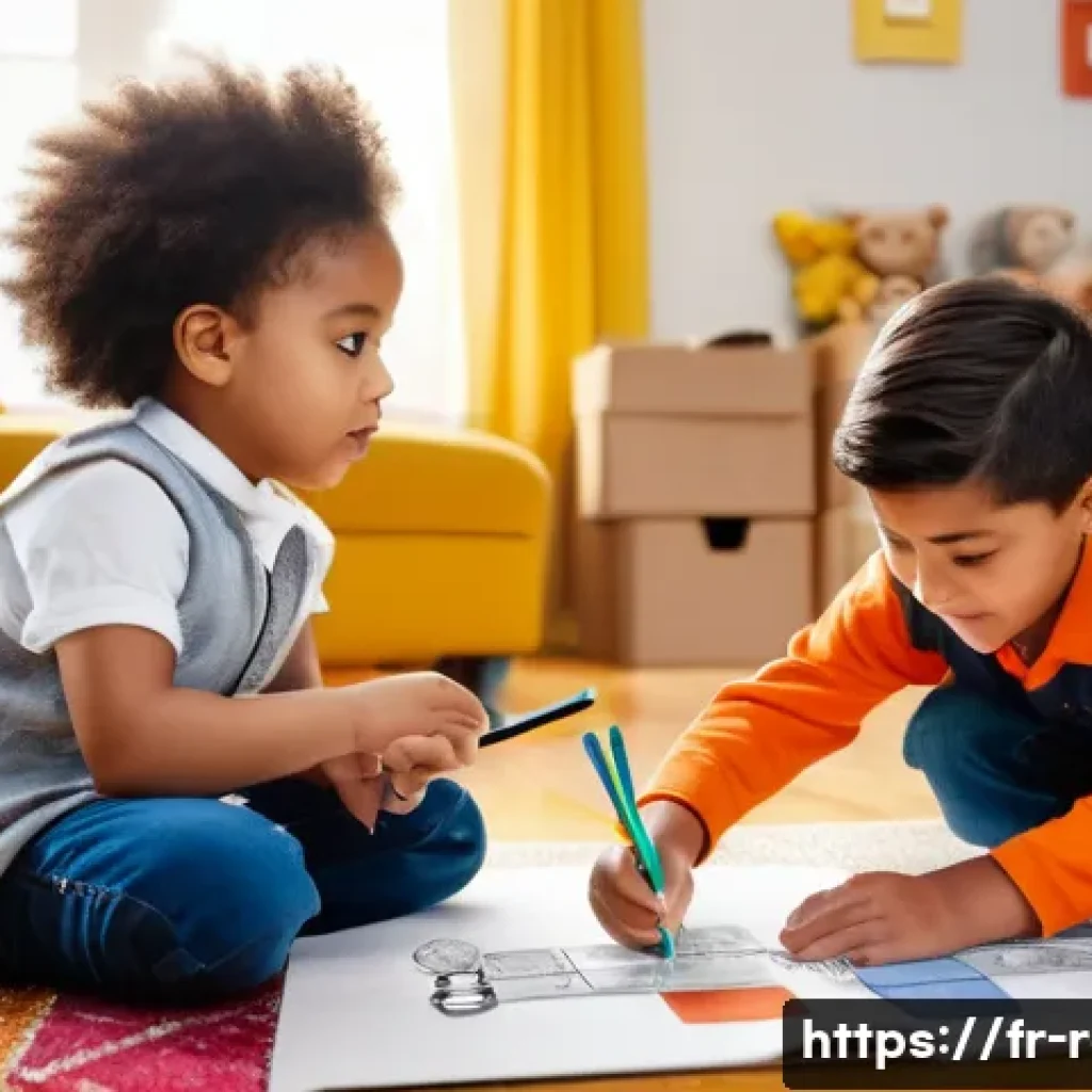 경찰관 완구 세트 - **Prompt:** A group of diverse children, aged 6-8, playing detectives in a cozy, sunlit living room....