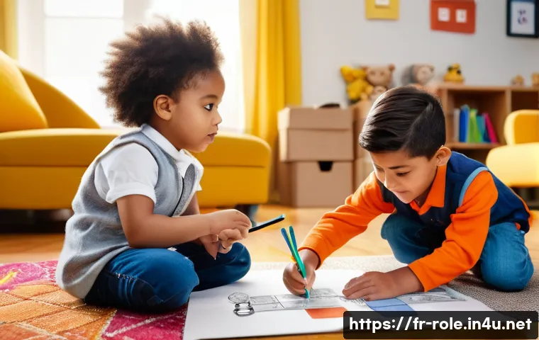 경찰관 완구 세트 - **Prompt:** A group of diverse children, aged 6-8, playing detectives in a cozy, sunlit living room....