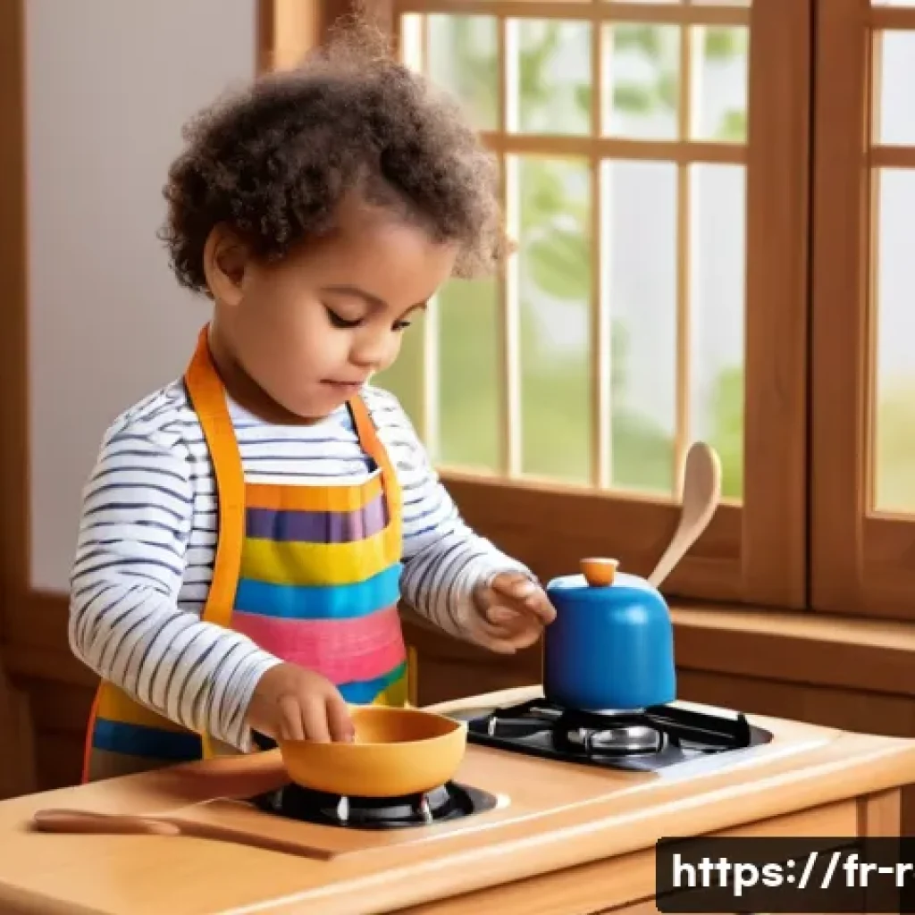 주방놀이 나무소재 세트 - A cozy indoor scene showing a young child wearing a colorful apron playing with a wooden kitchen set...