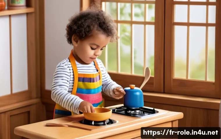 주방놀이 나무소재 세트 - A cozy indoor scene showing a young child wearing a colorful apron playing with a wooden kitchen set...