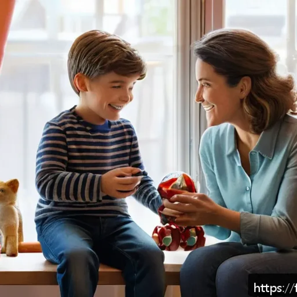 캐릭터 완구 성공 사례 - A warm and nostalgic scene of a French family in a cozy living room, a parent gifting a child a deta...
