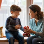 캐릭터 완구 성공 사례 - A warm and nostalgic scene of a French family in a cozy living room, a parent gifting a child a deta...