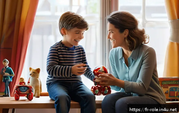 캐릭터 완구 성공 사례 - A warm and nostalgic scene of a French family in a cozy living room, a parent gifting a child a deta...