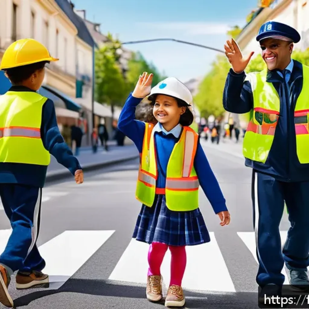 경찰관 놀이 교통법규 놀이 - A lively neighborhood street scene designed for children’s road safety role-play: a colorful urban s...
