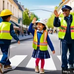 경찰관 놀이 교통법규 놀이 - A lively neighborhood street scene designed for children’s road safety role-play: a colorful urban s...
