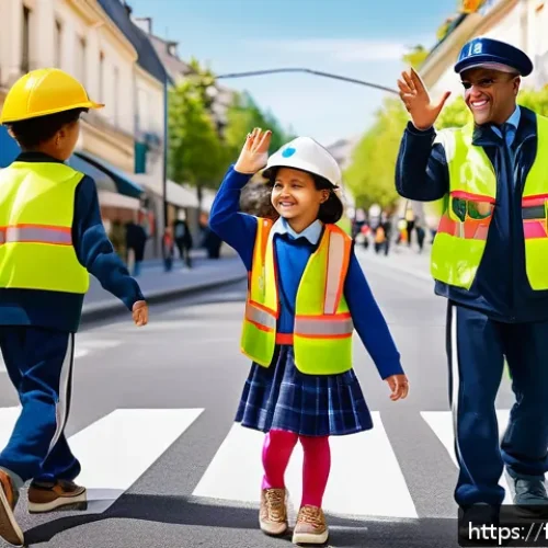 경찰관 놀이 교통법규 놀이 - A lively neighborhood street scene designed for children’s road safety role-play: a colorful urban s...