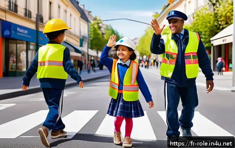 경찰관 놀이 교통법규 놀이 - A lively neighborhood street scene designed for children’s road safety role-play: a colorful urban s...