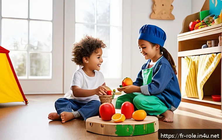 역할놀이 완구와 창의력 발달 - A cozy playroom scene featuring a diverse group of children aged around 5 to 7 years old, all wearin...