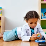 병원놀이 추천 완구 - A realistic and engaging children’s medical play scene set in a bright, well-lit playroom with natur...