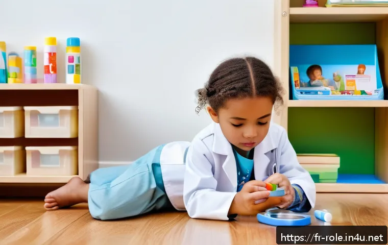 병원놀이 추천 완구 - A realistic and engaging children’s medical play scene set in a bright, well-lit playroom with natur...