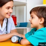 병원놀이 혈압측정기 완구 - A cheerful scene of young children playing doctor indoors, wearing colorful casual clothes and a chi...