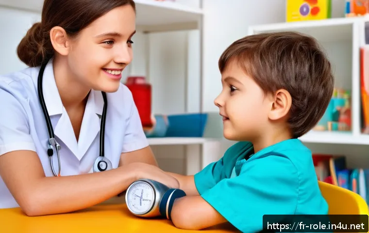 병원놀이 혈압측정기 완구 - A cheerful scene of young children playing doctor indoors, wearing colorful casual clothes and a chi...