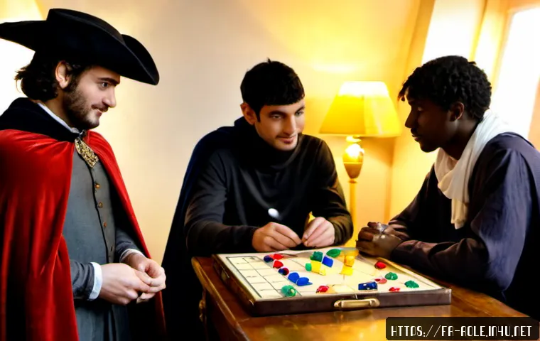 역할놀이 캐릭터 이름 - Photorealistic tabletop role-playing scene in a cozy Paris apartment, diverse French friends in thei...