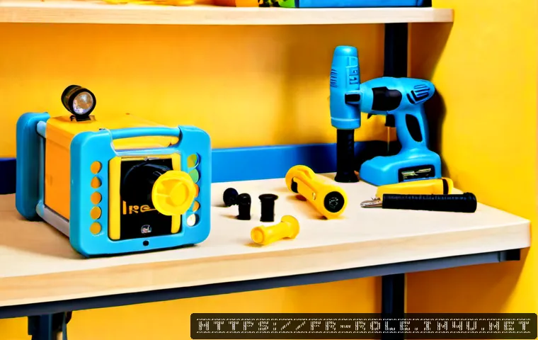 Home 17 공구놀이 전동공구 포함 제품 - Photorealistic product scene of a French children’s toy tool set with a battery-powered toy drill, t...