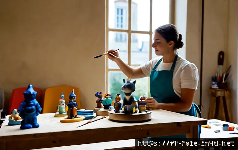 Home 13 캐릭터 완구 제작사 - Photorealistic French character toy manufacturer studio in Lyon, skilled designer wearing a light wo...