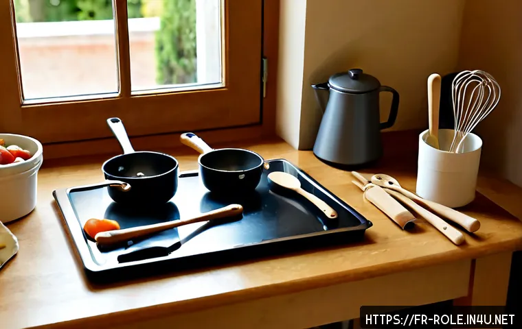 주방놀이 요리도구 세트 - Photorealistic children’s kitchen play cooking utensil set arranged neatly on a light oak table in a...